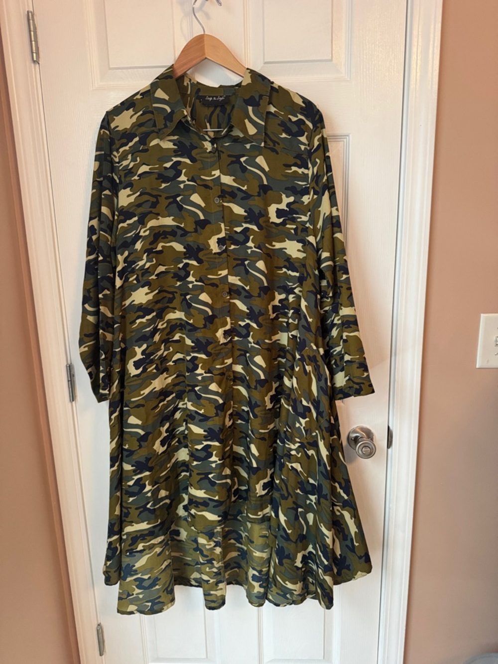 Camo Print Long Sleeve Shirt Dress - Olive Green